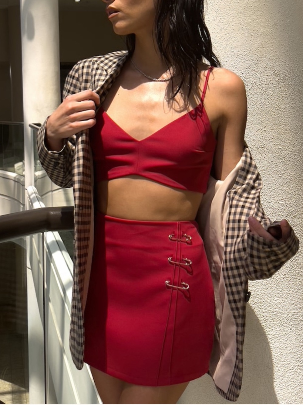 Social Tourist Red Mini Skirt with Hook Detail